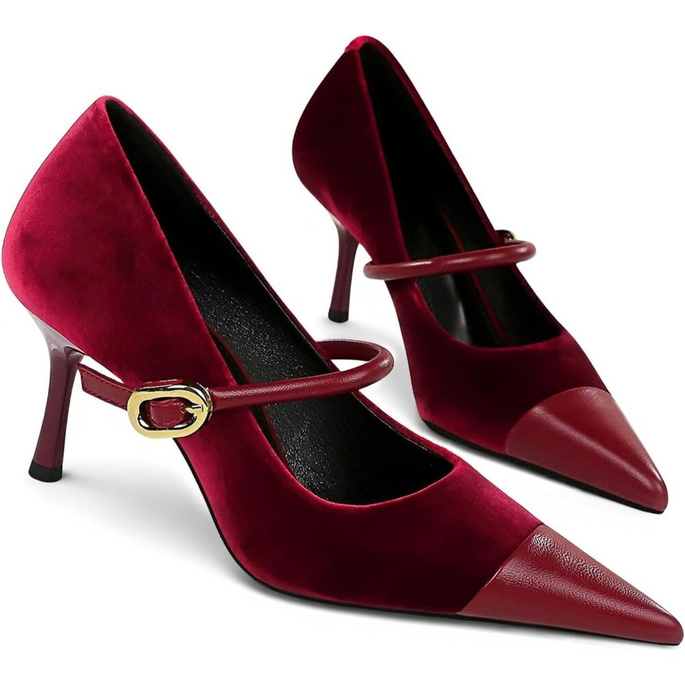 Women's Burgundy Pointed Toe Stiletto Slip On Single-Strap Comfortable Pump Heel - Picture 6 of 6